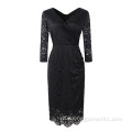 Женщины V-образного выхода Lace Hollow Out Sexy Office Dress